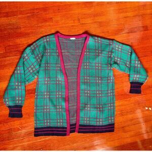 Vintage 70’s Teal Green Magenta Pink Open Front Plaid Cardigan Sweater Large XL